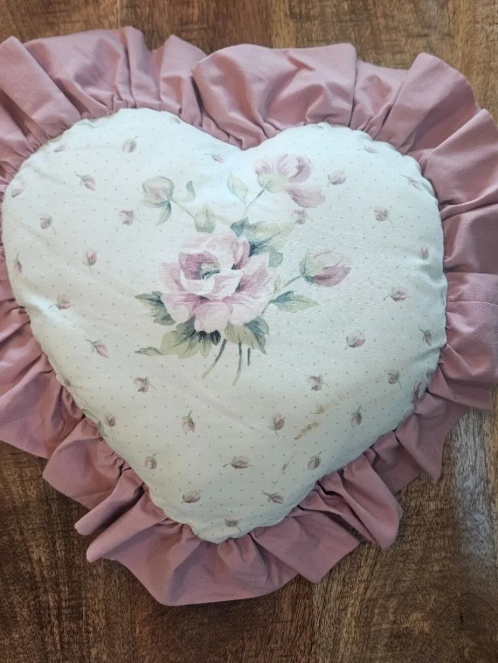 Vintage Shabby Chic Rose Floral Heart Bolster Pillow Set Mauve Ruffle Lace Trim
